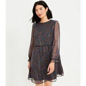 NWOT LOFT S Shimmer Paisley Velvet Trim Swing Dresssheer arms whimiscal coquette